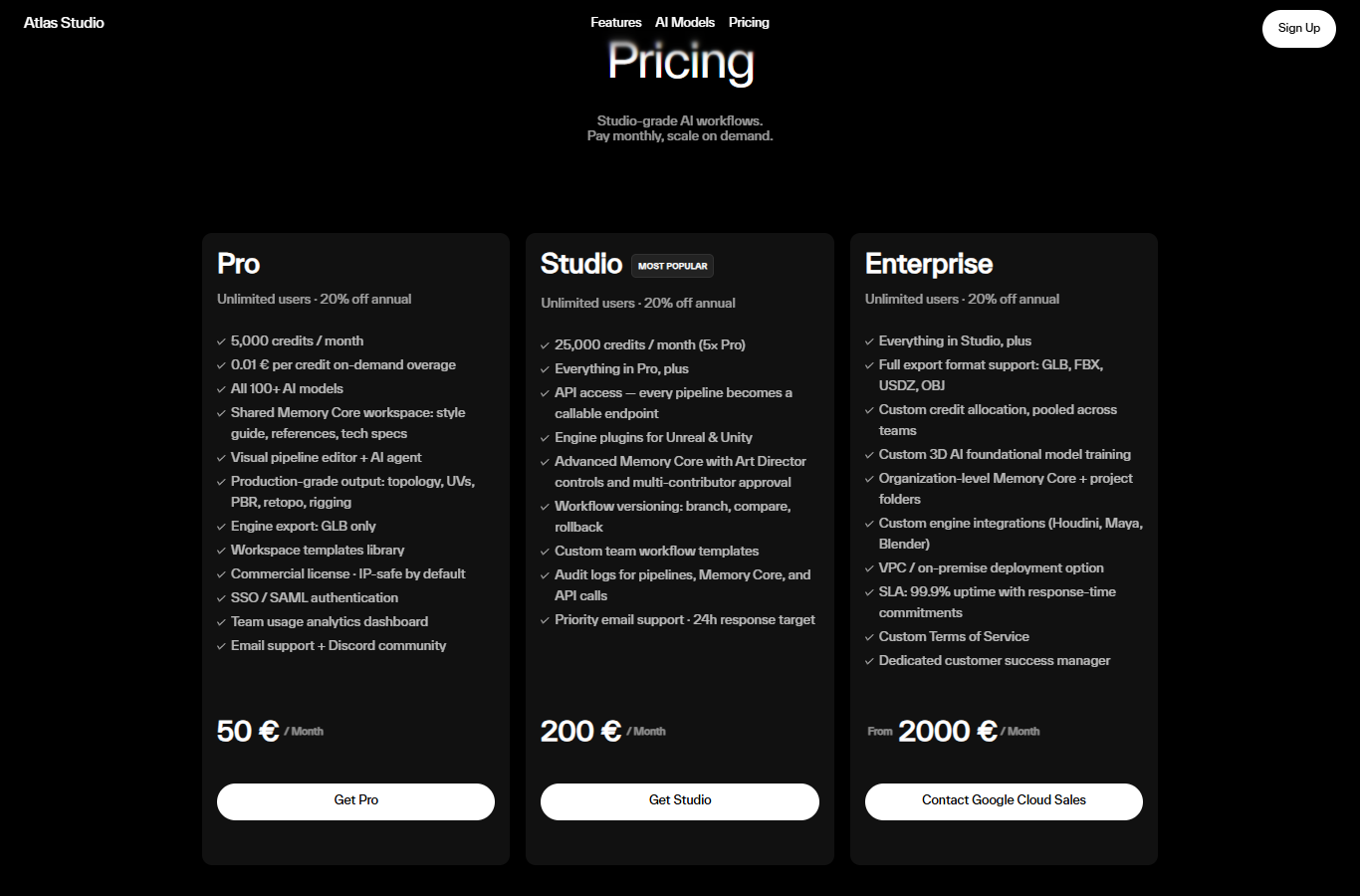 Atlas Design pricing 페이지 캡처