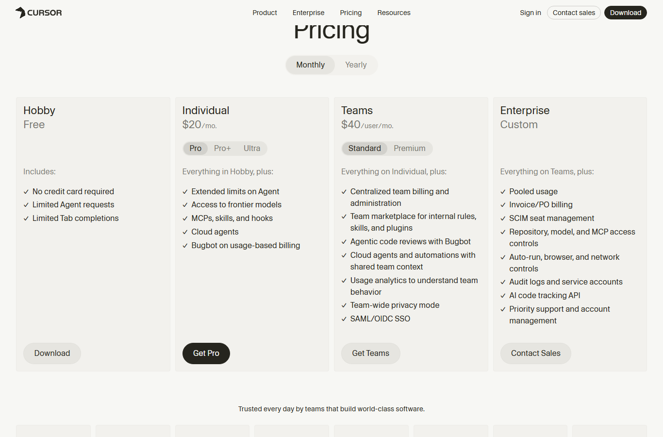 Cursor pricing 페이지 캡처