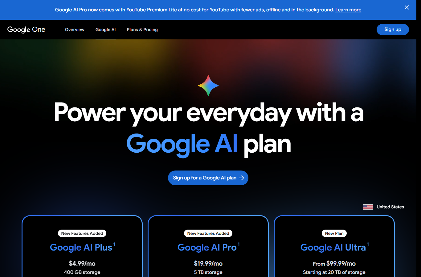 Google AI plans 가격 페이지 캡처
