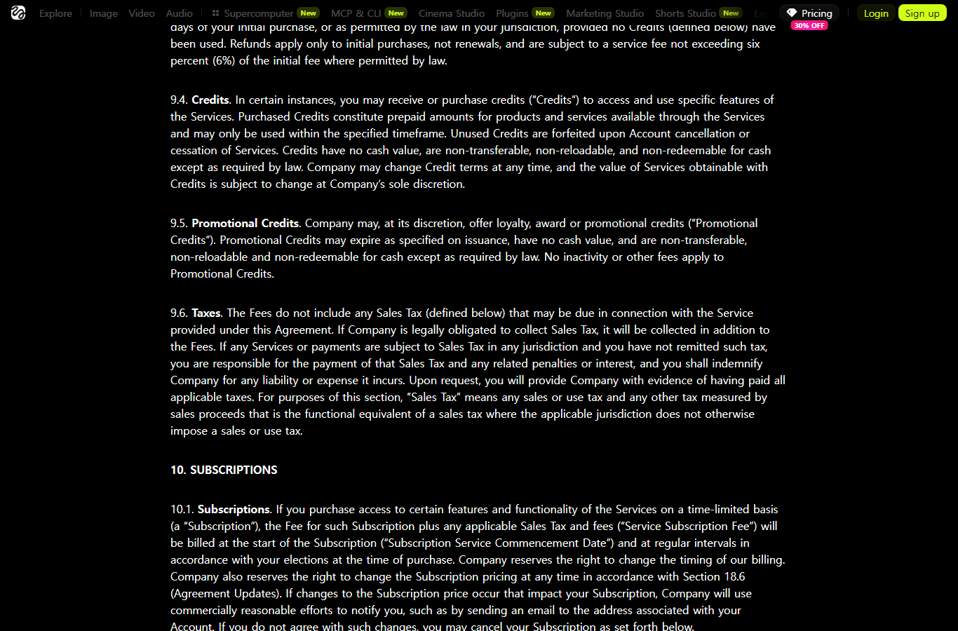 Higgsfield terms credits 조항 캡처