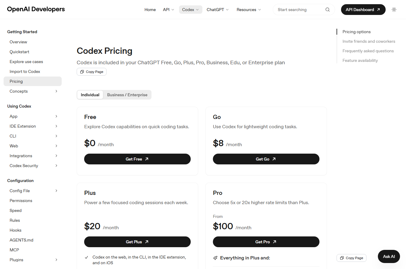 OpenAI Codex pricing 페이지 캡처