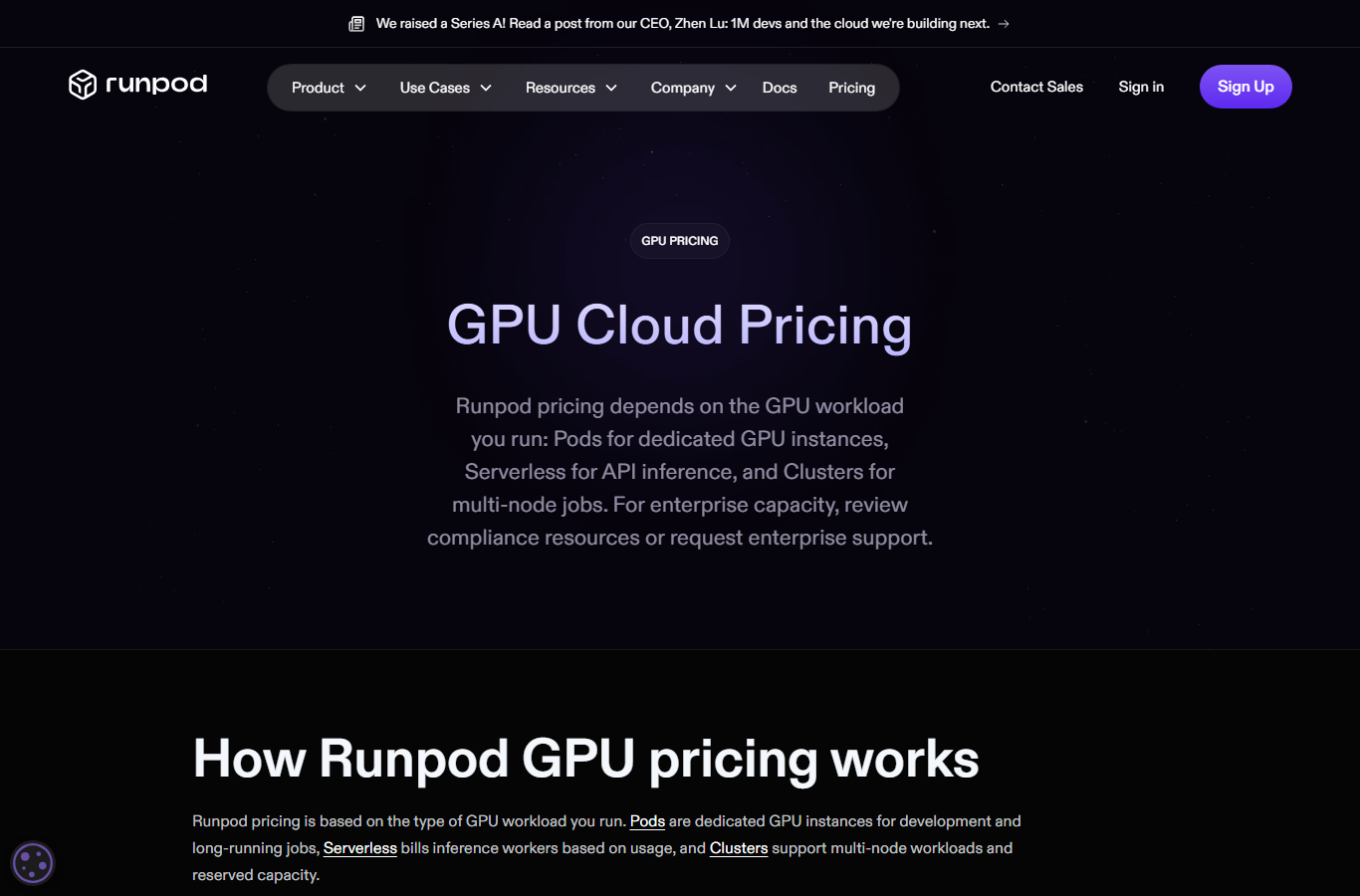 Runpod GPU Cloud Pricing 페이지 캡처