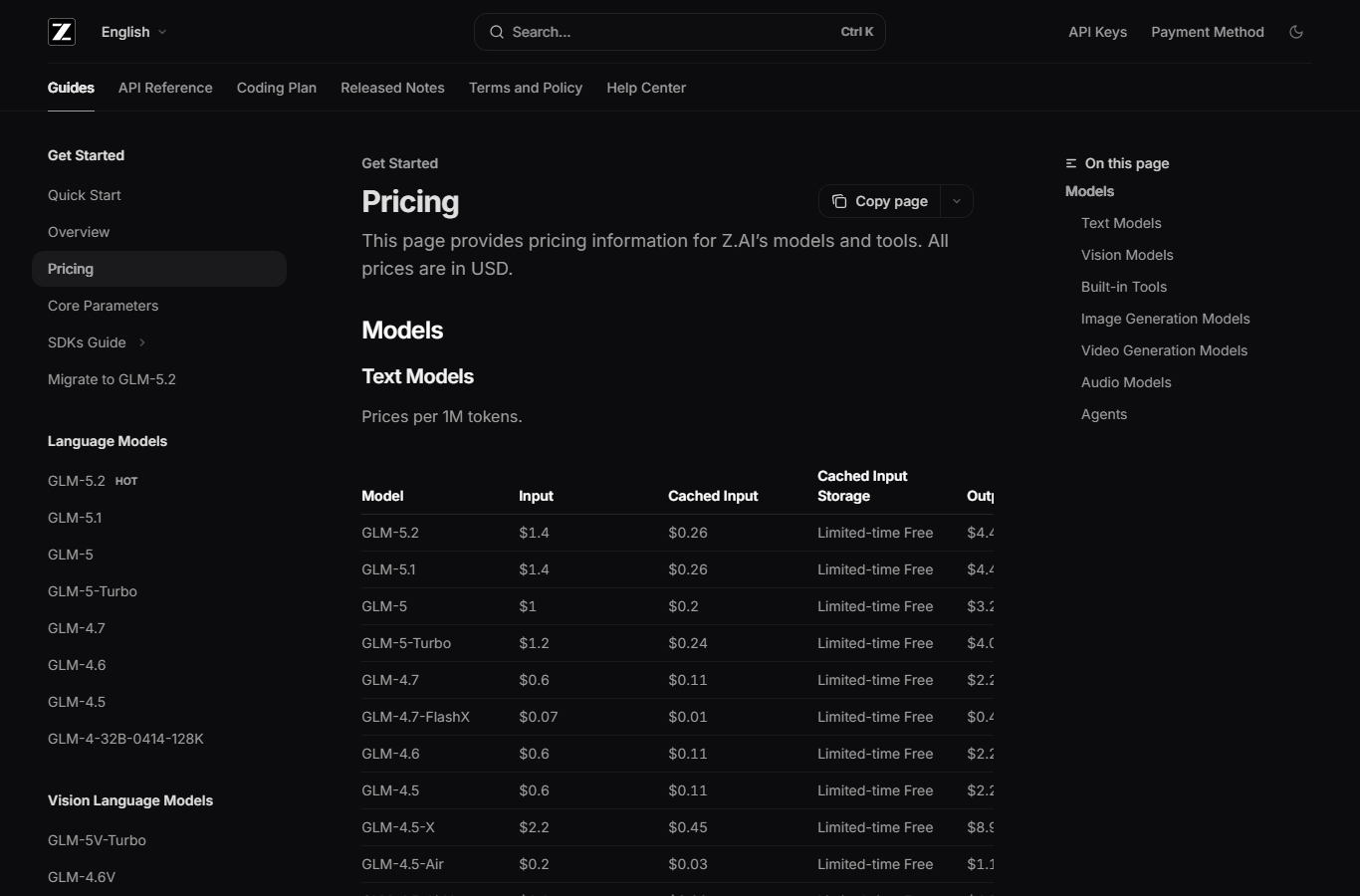 Z.ai GLM-5.2 API pricing 페이지 캡처