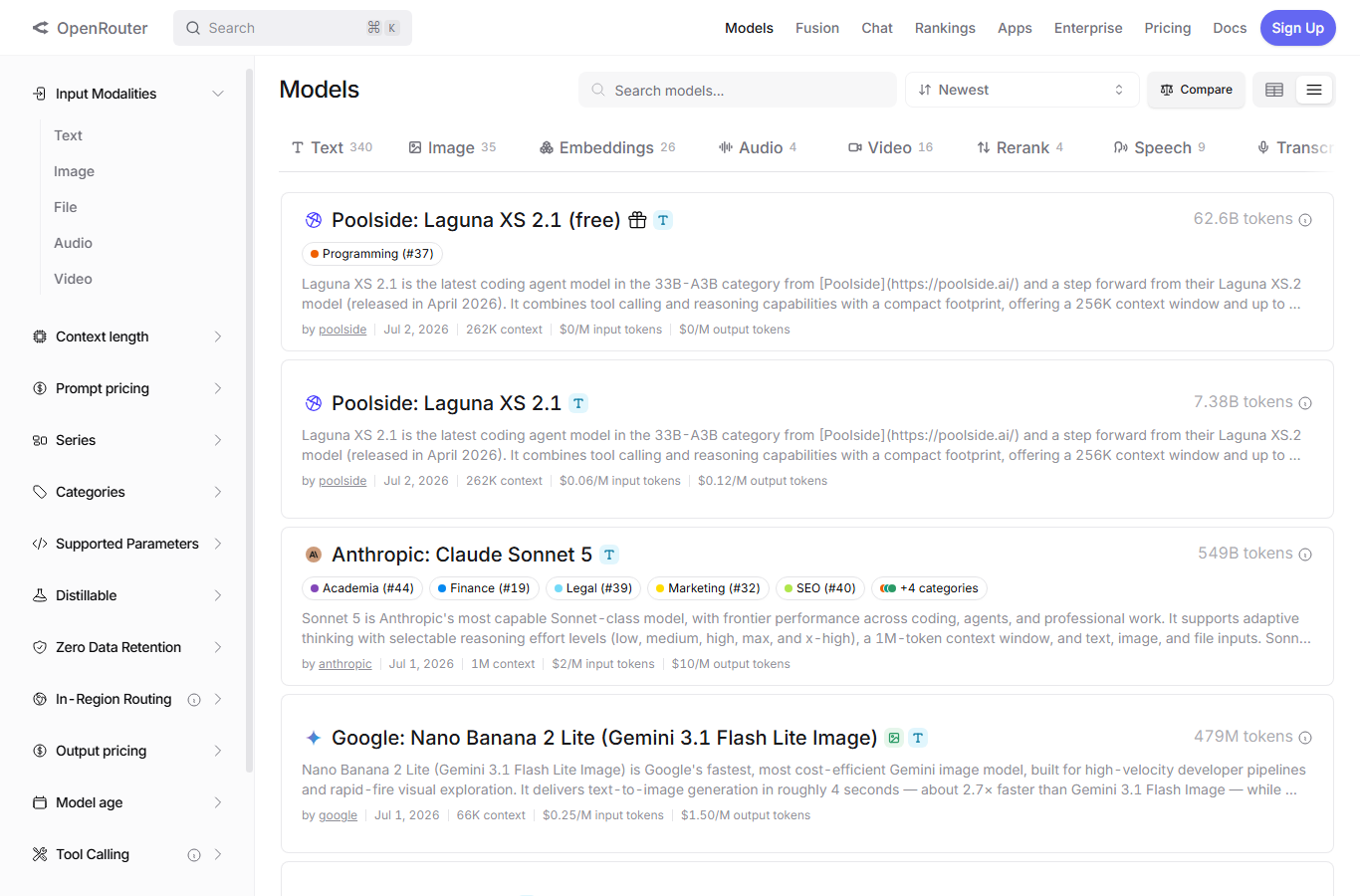 OpenRouter 모델별 가격 페이지 캡처